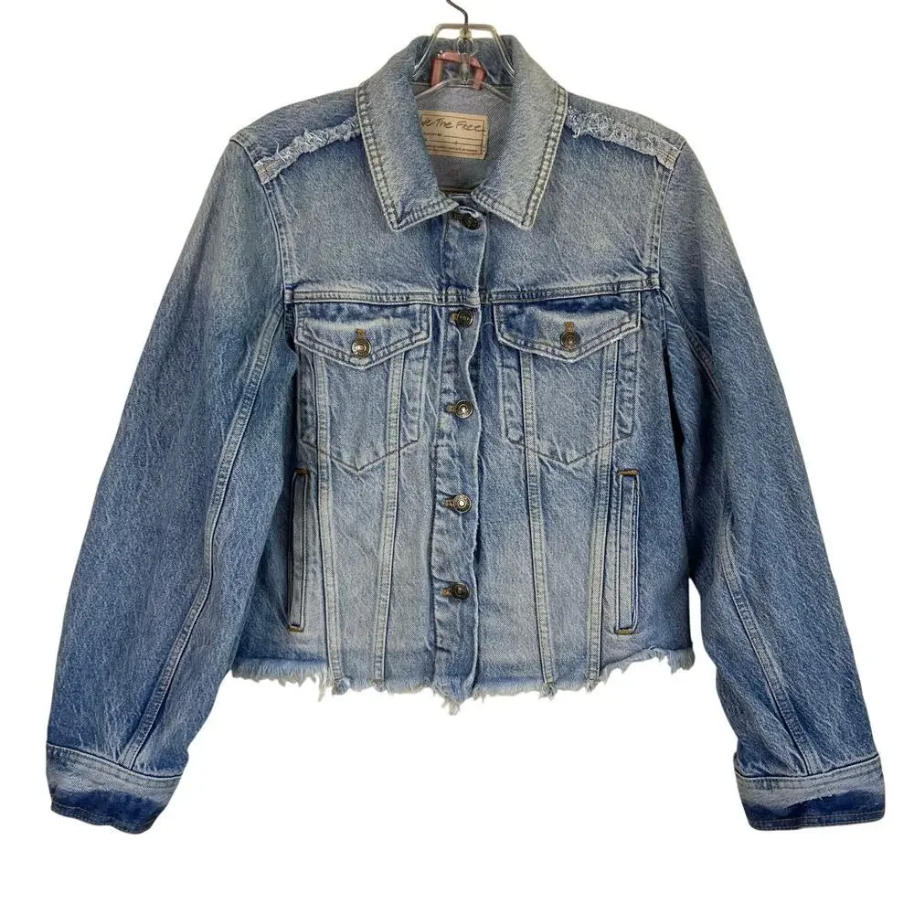 FP We The Free Sz S Indira Raw Hem Cropped Denim Jacket Retro Streetwear Casual